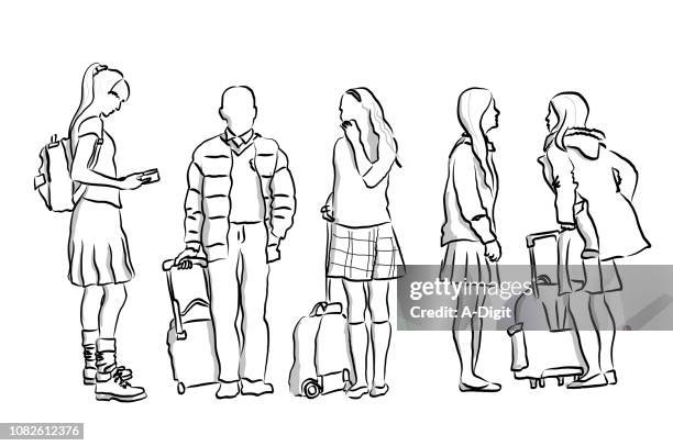 wait for the bus school children - authenticity stock illustrations