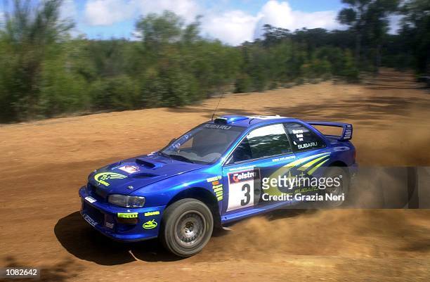 Richard Burns in the Subaru Impreza in action on through stage three, during leg one of the Telstra Rally Australia which is part of the FIA World...