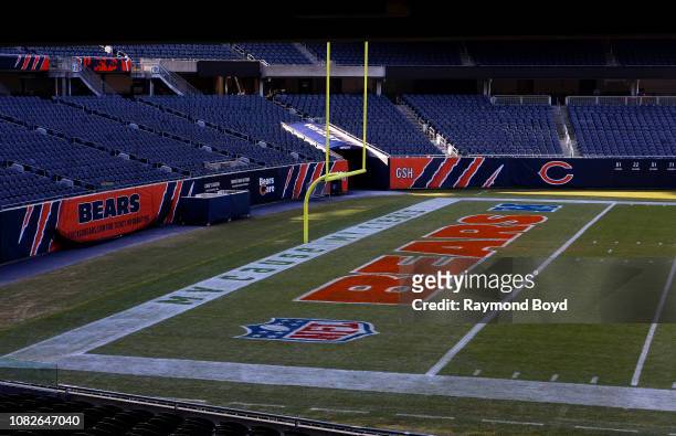 South end zone of Soldier Field, home of the Chicago Bears football team in Chicago, Illinois on December 11, 2018.