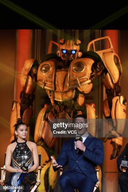 American actor/wrestler John Cena and American actress/singer Hailee Steinfeld attend the press conference of film 'Bumblebee' on December 14, 2018...