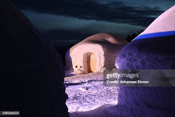 General outside view of the Alpeniglu hotel is taken at Hochbrixen on January 23, 2011 in Brixen im Thale, Austria. The hotel is built completely of...