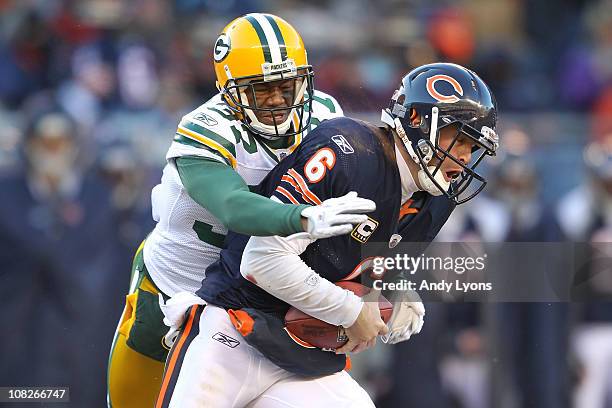 Sam Shields of the Green Bay Packers sacks quarterback Jay Cutler of the Chicago Bears in the second quarter in the NFC Championship Game at Soldier...
