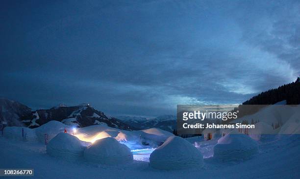 General outside view of the Alpeniglu hotel at Hochbrixen is taken during dusk on January 23, 2011 in Brixen im Thale, Austria. The hotel is built...