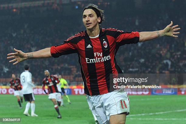 Zlatan Ibrahimovic of AC Milan celebrates scoring his team's second goal during the Serie A match between AC Milan and AC Cesena at Stadio Giuseppe...