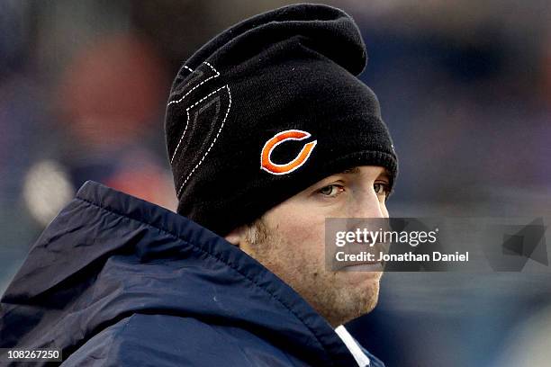 Quarterback Jay Cutler of the Chicago Bears on the sideline in the third quarter after leaving the game with an injury against the Green Bay Packers...