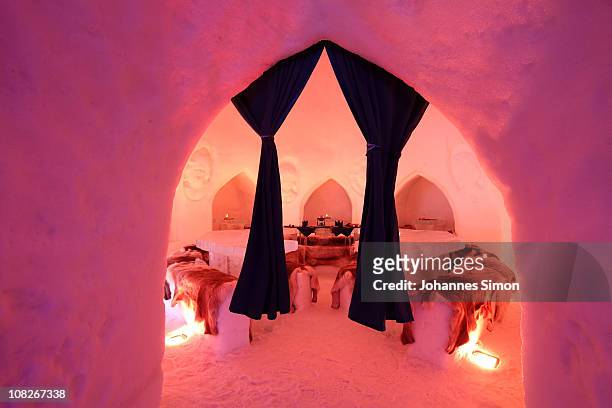 General view of the Alpeniglu hotel dining room at Hochbrixen, photo taken on January 23, 2011 in Brixen im Thale, Austria. The hotel is built...