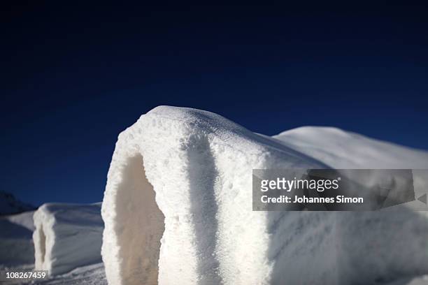 Outside view of an sleeping igloo of the the Alpeniglu Hotel at Hochbrixen, on January 23, 2011 in Brixen im Thale, Austria. The hotel is built...