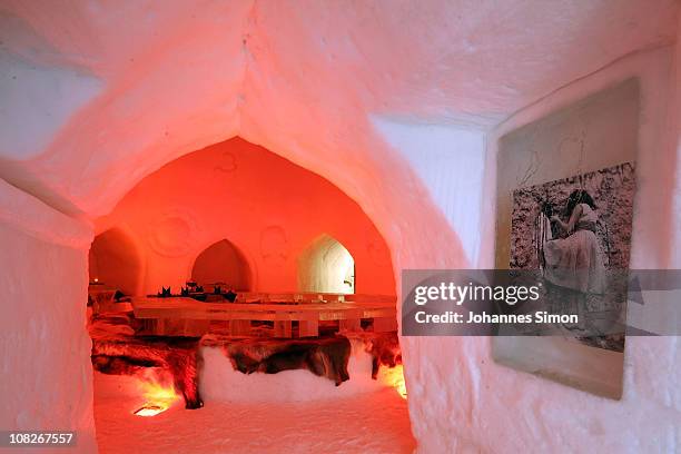 General view of the Alpeniglu hotel dining room at Hochbrixen, photo taken on January 23, 2011 in Brixen im Thale, Austria. The hotel is built...