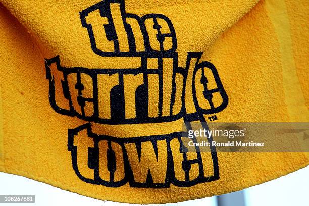Detail of a terrible towel is seen prior to the 2011 AFC Championship game between the New York Jets and the Pittsburgh Steelers at Heinz Field on...