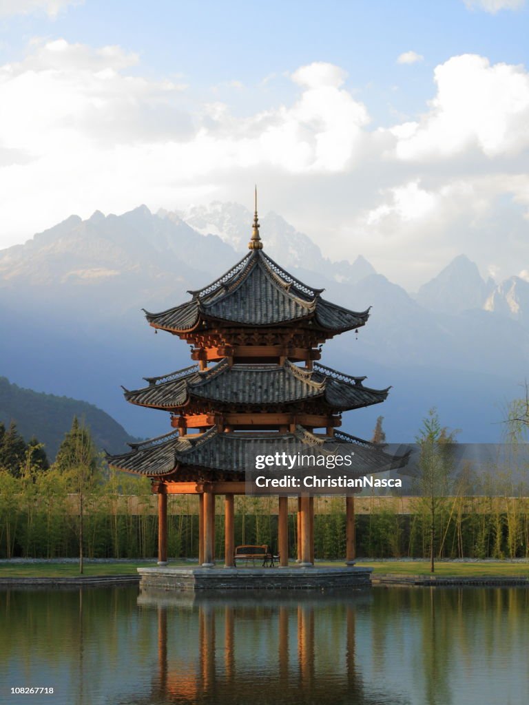 Chinese Pagoda Pavilion with Mountains in Background