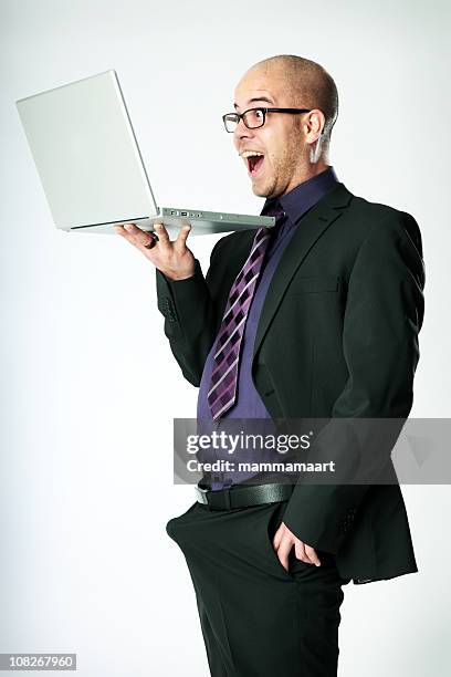 excited funny businessman - laptop - erectie stockfoto's en -beelden