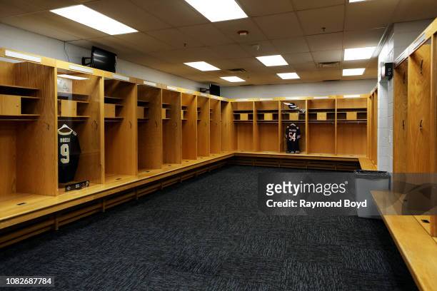 The visiting team locker room at Soldier Field, home of the Chicago Bears football team in Chicago, Illinois on December 11, 2018.