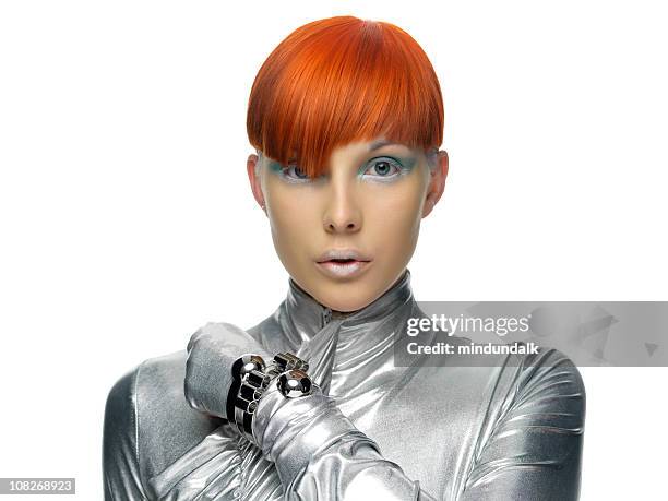 futuristic model with red hair - silver make up stock pictures, royalty-free photos & images