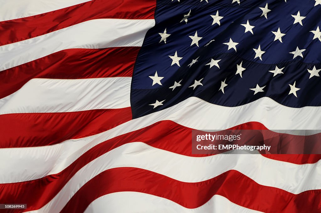 Back View of American Flag in Wind