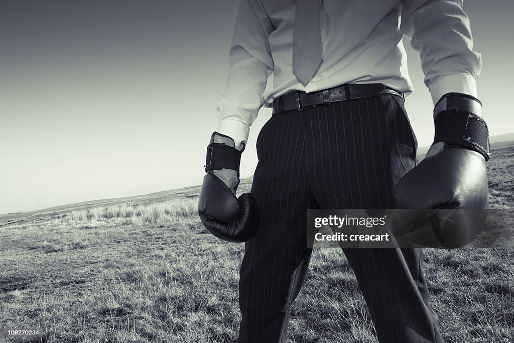 Businessman Wearing Boxing Gloves on Hill, Sepia Toned