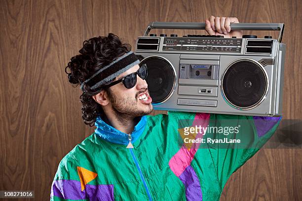 fashion of the 1980's &amp; 90's with boombox - mullet haircut stock pictures, royalty-free photos & images
