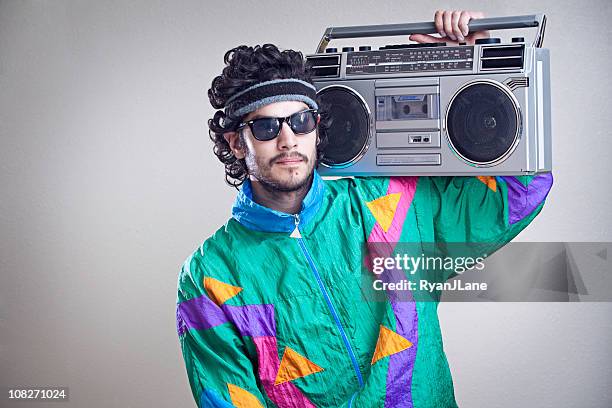 mullet man with 1980's-1990's fashion style - 80's retro stockfoto's en -beelden