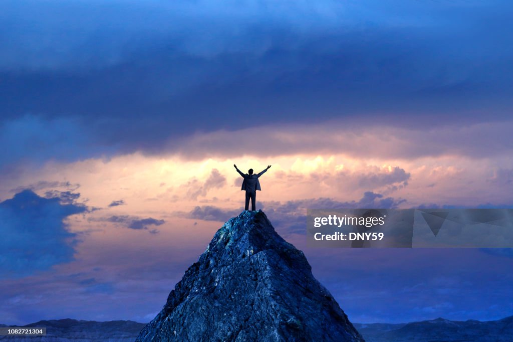 Businessman Standing On Mountain Peak
