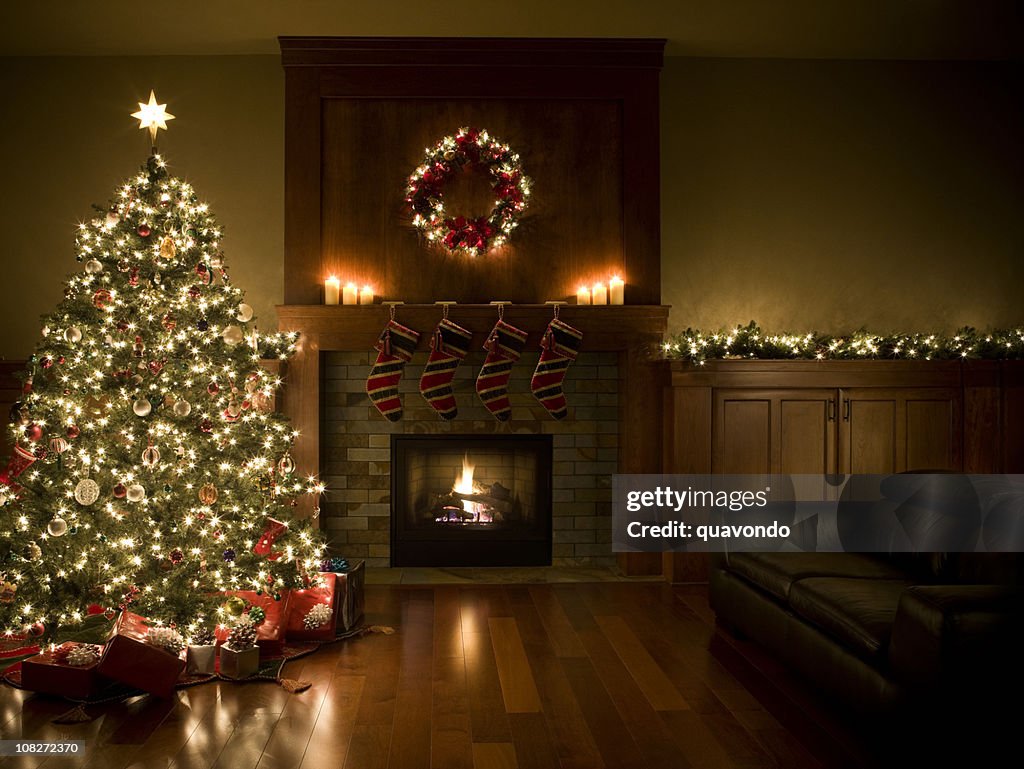 Adorned Christmas Tree, Wreath, and Garland Inside Living Room, Copyspace