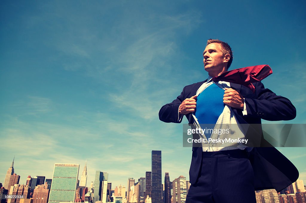 Superhero Young Man Businessman Standing Outdoors Over City Skyline