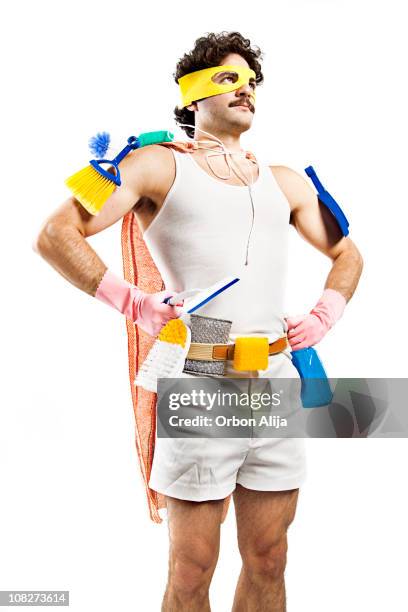 man wearing superhero mask and cleaning supplies with cape - housework stock pictures, royalty-free photos & images