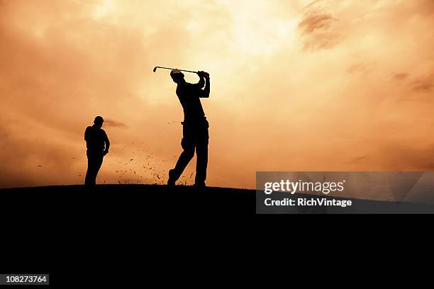 golf action silhouette - golf swing sunset stock pictures, royalty-free photos & images