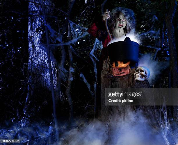 witch brewing a potion in the woods - old witch stock pictures, royalty-free photos & images