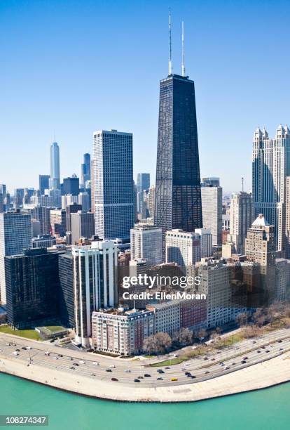 cloudless aerial view of chicago skyline and lake shore drive - chicago skyline stock pictures, royalty-free photos & images