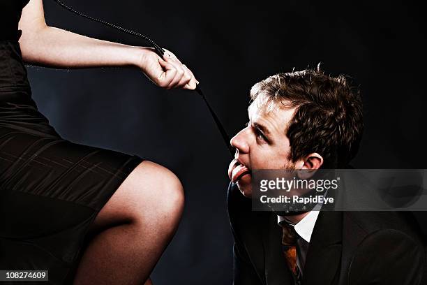 panting businessman on a leash - fetisjkleding stockfoto's en -beelden