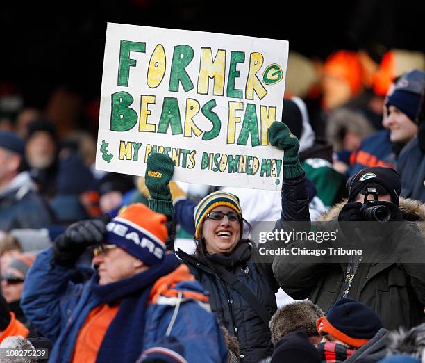 Fan shows her devotion to the Packers during the NFC Championship game between the Chicago Bears and the Green Bay Packers on Sunday, January 23 at...