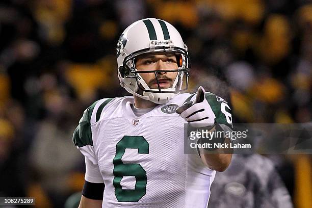 Mark Sanchez of the New York Jets warms up prior to their 2011 AFC Championship game against the Pittsburgh Steelers at Heinz Field on January 23,...