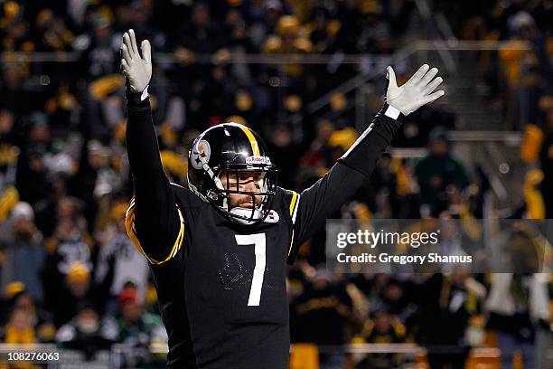 Quarterback Ben Roethlisberger of the Pittsburgh Steelers celebrates a first quarter touchdown against the New York Jets during the 2011 AFC...