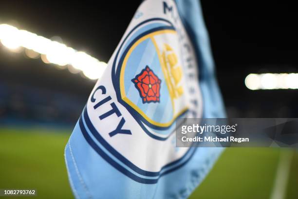 Corner flag with the Manchester City logo is seen inside the stadium prior to the Premier League match between Manchester City and Wolverhampton...