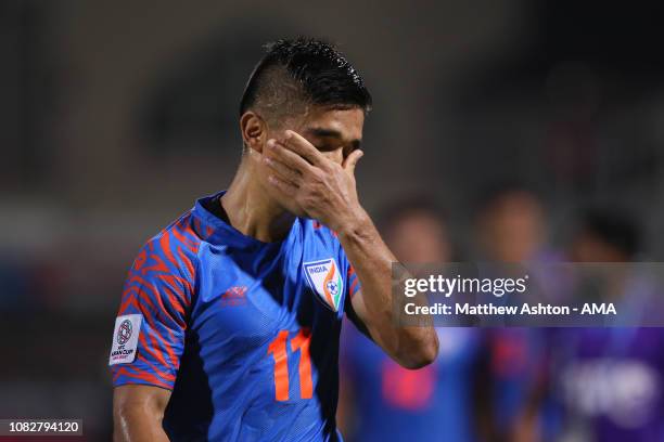 Sunil Chhetri of India looks dejected at the end of the AFC Asian Cup Group A match between India and Bahrain at Sharjah Stadium on January 14, 2019...