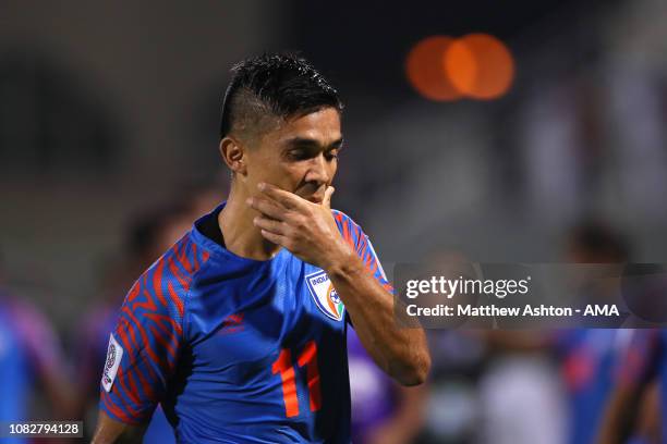 Sunil Chhetri of India looks dejected at the end of the AFC Asian Cup Group A match between India and Bahrain at Sharjah Stadium on January 14, 2019...