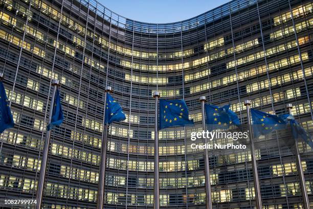 European flags wave in front of the Berlaymont building - European Commission headquarter - in Brussels, Belgium, on January 14 the day ahead of...