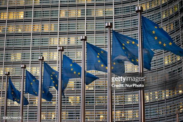 European flags wave in front of the Berlaymont building - European Commission headquarter - in Brussels, Belgium, on January 14 the day ahead of...