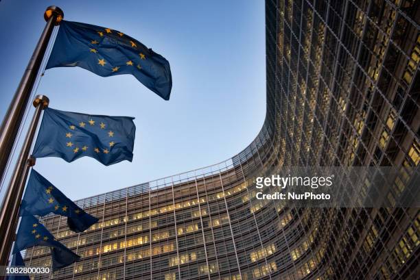 European flags wave in front of the Berlaymont building - European Commission headquarter - in Brussels, Belgium, on January 14 the day ahead of...