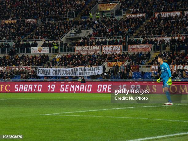 Curva Sud, banner 'Forza Capitano' before the Italian Cup football match between A.S. Roma and Virtus Entella at the Olympic Stadium in Rome, on...