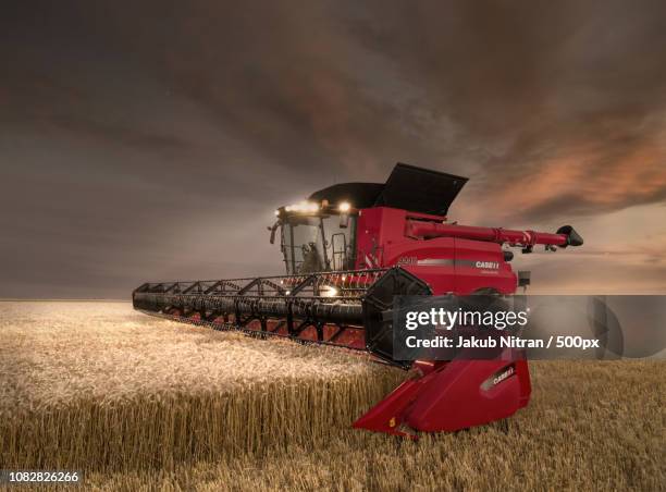 night harvest with caseih - combine harvester stockfoto's en -beelden