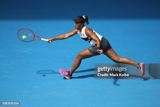 Destanee Aiava of Australia plays a forehand in her first round match against Madison Keys of the United States during day two of the 2019 Australian...
