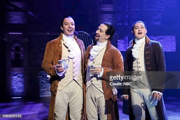 Episode 994 -- Pictured: Host Jimmy Fallon, actor Lin-Manuel Miranda, and actor Rubén J. Carbajal during a performance from "Hamilton" on January 15,...