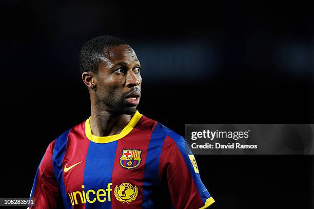 Seydou Keita of Barcelona looks on during the La Liga match between Barcelona and Racing Santander at Camp Nou on January 22, 2011 in Barcelona,...