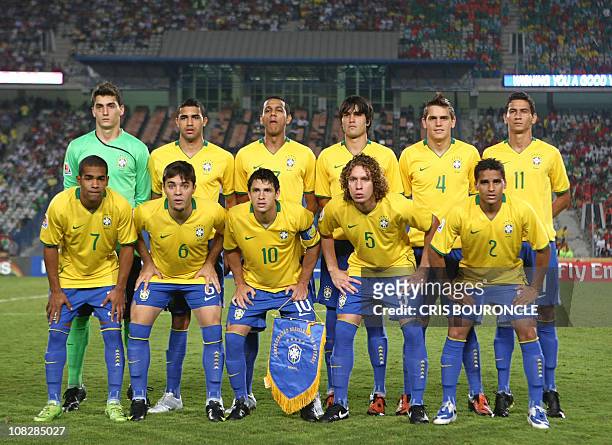 Brazil's team poses for a group picture before the start of their FIFA U-20 World Cup final football match against Ghana in Cairo on October 16,...