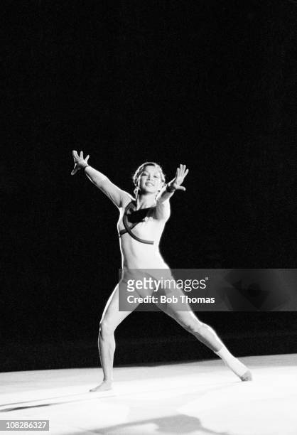 Nellie Kim of the USSR during a Gymnastics display at the Wembley Arena in London, circa November 1980.