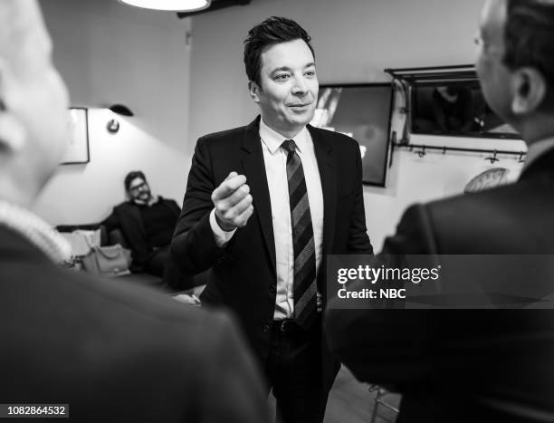 Episode 781 -- Pictured: Jimmy Fallon talks with host Seth Meyers on January 14, 2019 --