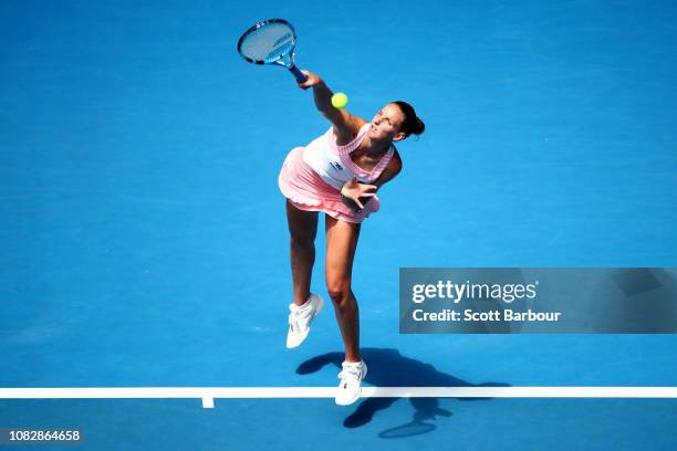 Kristyna Pliskova of the Czech Republic serves in her first round match against Karolina Muchova of Czech Republic during day two of the 2019...