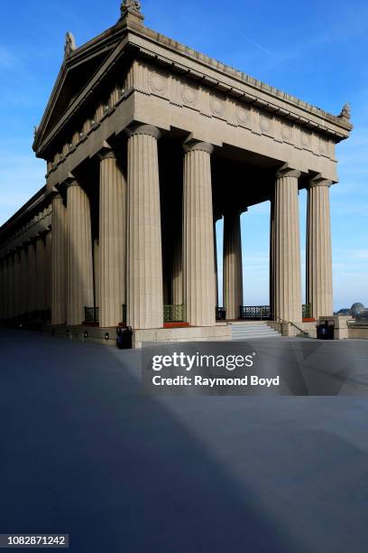 Doric columns rising above the East entrance to Soldier Field, home of the Chicago Bears football team in Chicago, Illinois on December 11, 2018.
