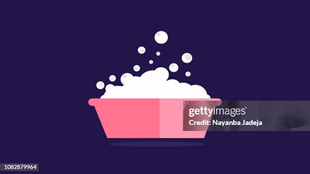 bath tub with forms soap bubbles - toothbrush white background stock illustrations