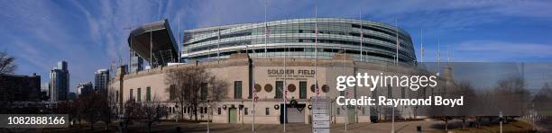 Panoramic view of Soldier Field, home of the Chicago Bears football team in Chicago, Illinois on December 11, 2018.